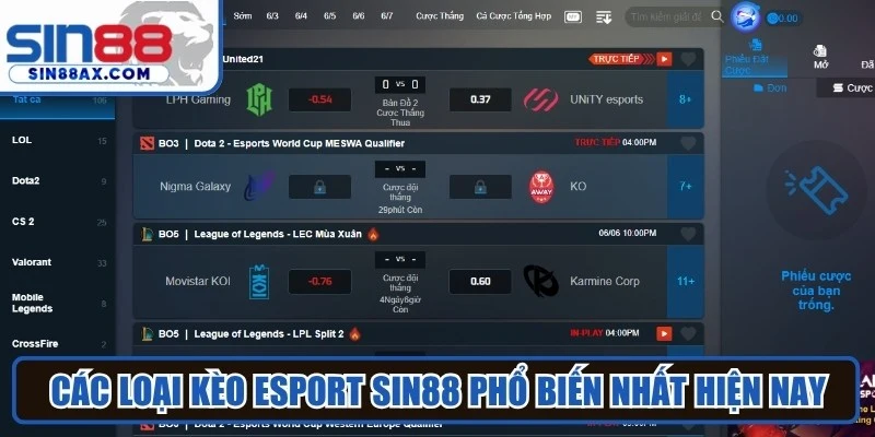 Các loại kèo Esport SIN88 phổ biến nhất hiện nay