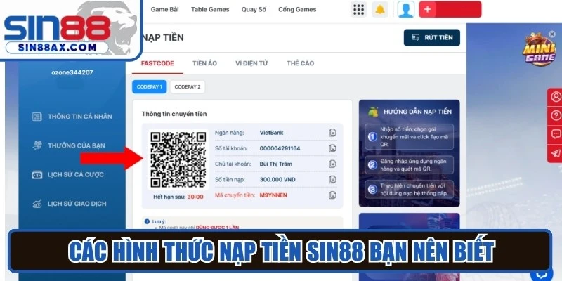 Các hình thức nạp tiền Sin88 bạn nên biết